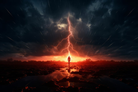 a person standing in front of a lightning boltの素材