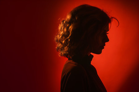 a silhouette of a woman in front of a red wallの素材