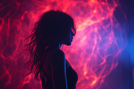 a silhouette of a woman standing in front of a red and blue lightの素材