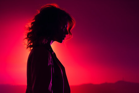 a silhouette of a woman standing in front of a red lightの素材