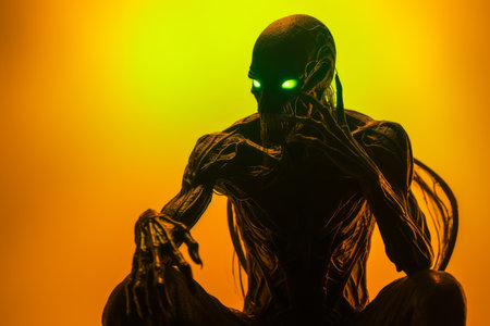 a silhouette of a man with glowing green eyesの素材
