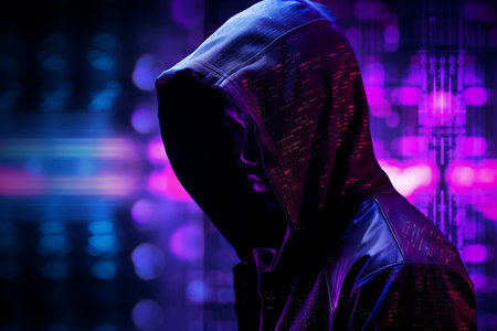 a person in a hoodie standing in front of a computer screenの素材