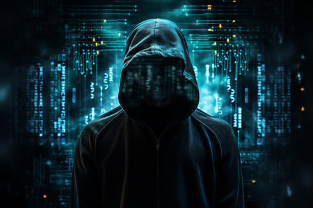 a person wearing a hoodie and standing in front of a computer screenの素材