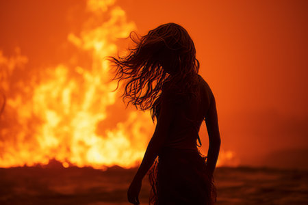 a silhouette of a woman standing in front of a fireの素材
