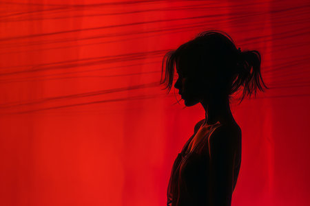 a silhouette of a woman standing in front of a red lightの素材