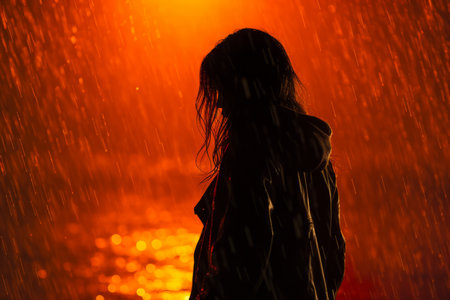 a silhouette of a woman standing in the rainの素材