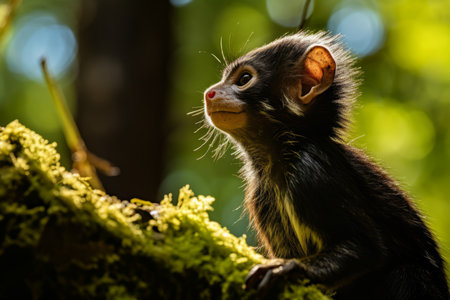 a small monkey sitting on top of a moss covered treeの素材