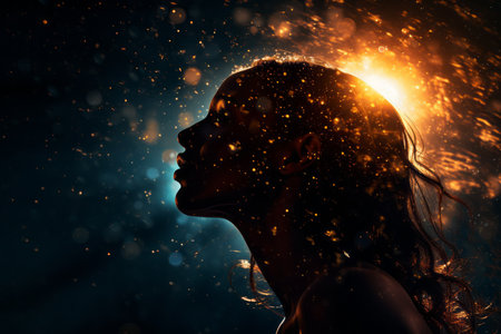 a woman is silhouetted against a dark background with sparks coming out of her headの素材