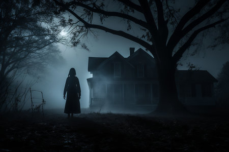 a woman is standing in front of a house at nightの素材