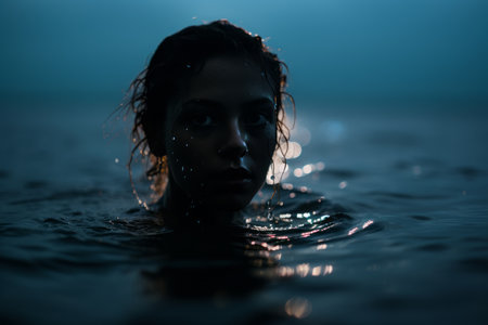 a woman in the water at nightの素材