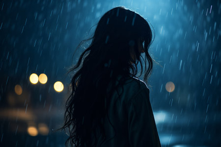 a woman standing in the rain at nightの素材
