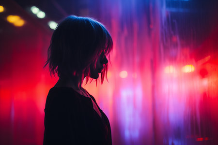 a woman standing in front of colorful lightsの素材