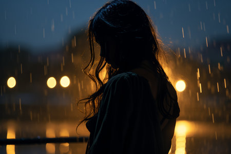 a woman standing in the rain at nightの素材