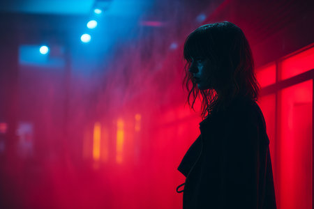 a woman standing in front of red and blue lightsの素材
