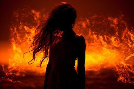 a woman standing in front of a fireの素材