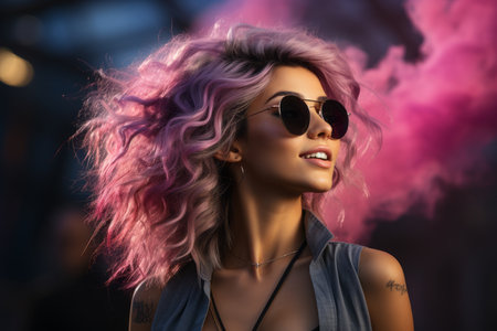 a woman with pink hair and sunglassesの素材