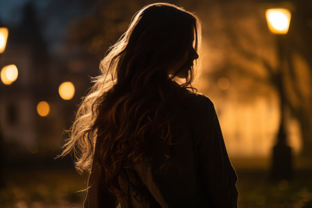 a woman with long hair standing in front of street lights at nightの素材
