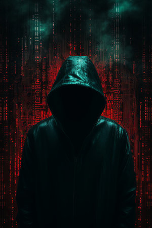 an image of a man in a black hoodie standing in front of a red backgroundの素材
