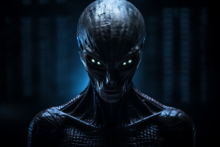 an alien with glowing eyes in the darkの素材