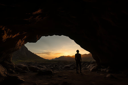 silhouette of a man standing in front of a cave at sunsetの素材