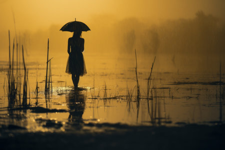 silhouette of a woman with an umbrella standing in the waterの素材