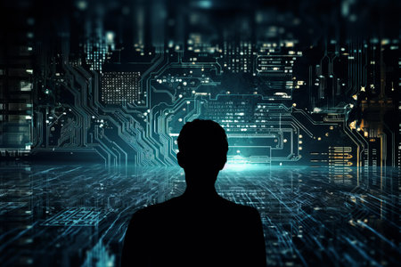 silhouette of a man standing in front of an electronic circuit boardの素材
