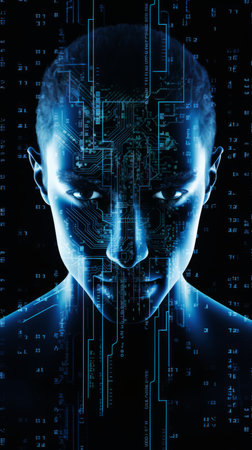 the face of a man with a digital face on a computer screenの素材