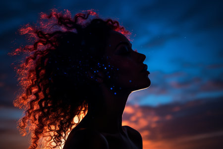 the silhouette of a woman with glowing blue hairの素材