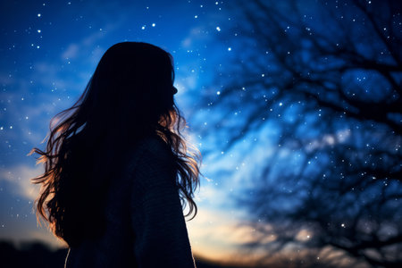 the silhouette of a woman standing in front of a tree at night with stars in the skyの素材