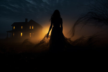 silhouette of a woman standing in front of a house at nightの素材