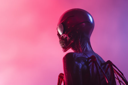 an alien is standing in front of a pink and purple backgroundの素材