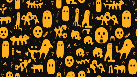 a black and yellow pattern with ghosts and animalsの素材