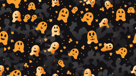 a halloween pattern with orange ghosts and stars on a black backgroundの素材