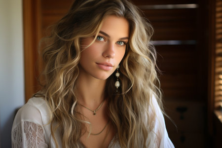 a beautiful woman with long wavy hair sitting in front of a windowの素材