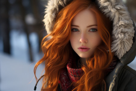 a beautiful red haired woman in a winter coatの素材