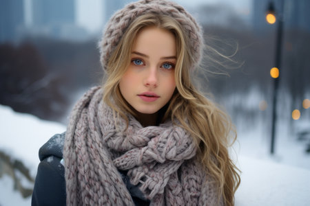 a beautiful young woman wearing a scarf and hat in the snowの素材