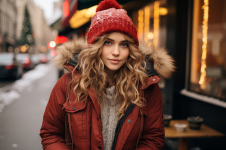 a beautiful young woman in a red hat and coat on a city streetの素材