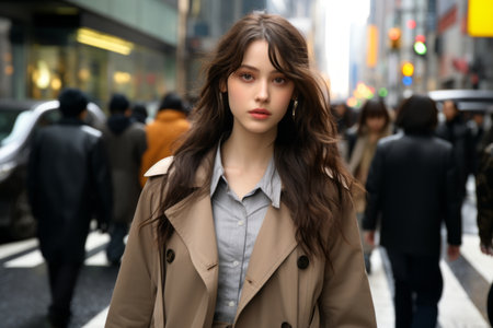 a woman in a trench coat standing in the middle of a busy city streetの素材