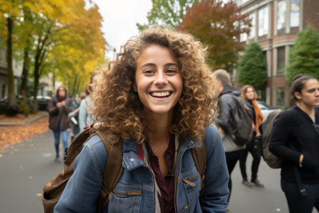 a smiling young woman with curly hair walking down the streetの素材