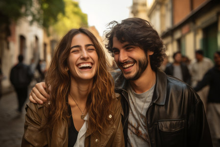 a man and woman are laughing together in a city streetの素材