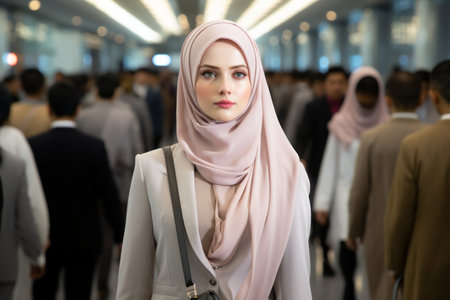 a woman wearing a headscarf is standing in the middle of a crowdの素材