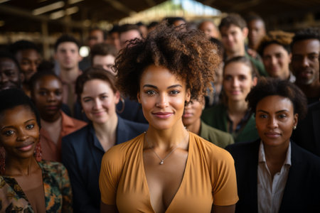 an african american woman standing in front of a large group of peopleの素材