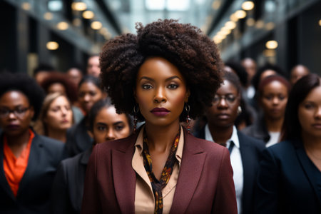 an african american woman standing in front of a large group of peopleの素材
