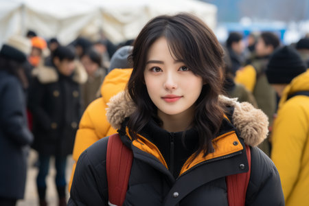 an asian woman in a winter coat standing in front of a crowdの素材