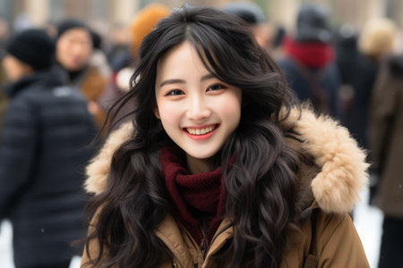 an asian woman smiling in the snowの素材