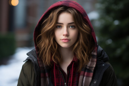a young woman wearing a hooded jacket in the snowの素材