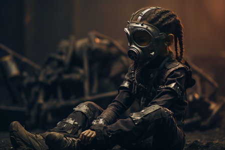 a little girl in a gas mask sitting on the groundの素材