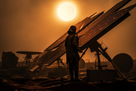 a man standing in front of a solar arrayの素材
