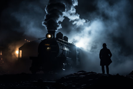 a man standing in front of a steam train at nightの素材