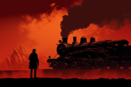 a man standing in front of an old steam locomotiveの素材
